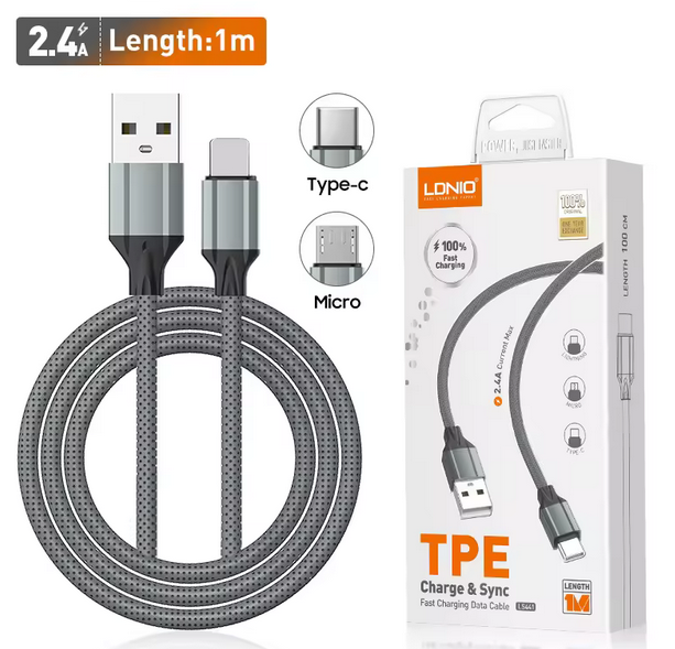 کابل شارژ و دیتا تایپ سی type-c too usb LDNIO LS431 با شدت جریان 2.4 آمپر